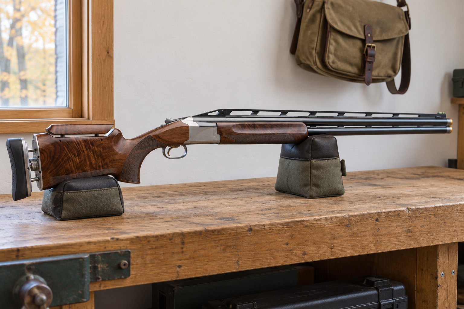 An over-under shotgun rests on two support bags on a wooden workbench.