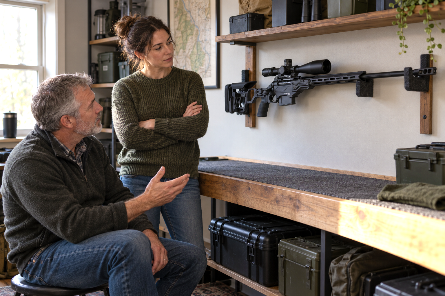 Two adults talk beside a scoped rifle supported on a wall rack above a workbench.
