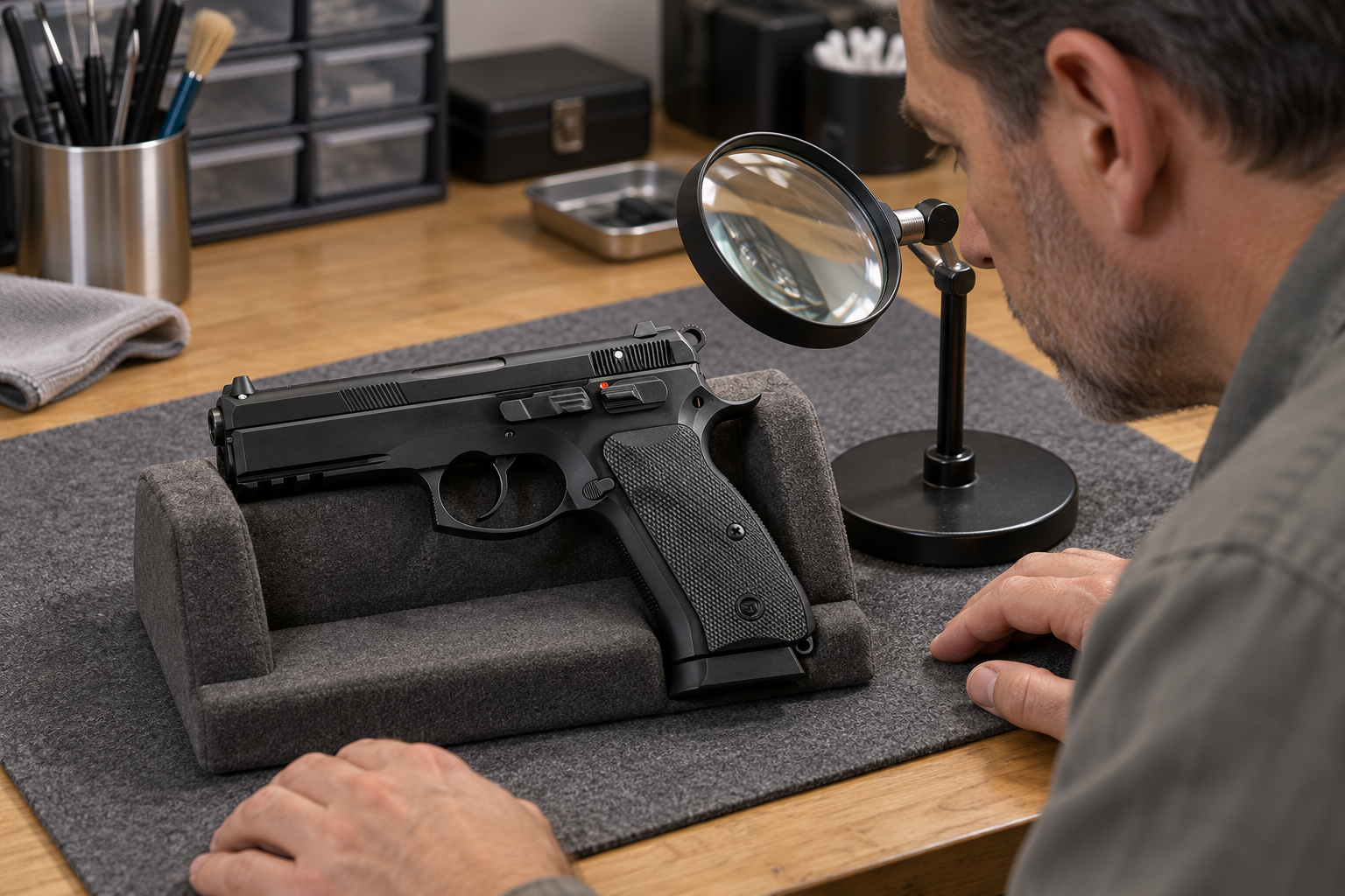 An adult examines a handgun resting in a padded cradle beside a desk magnifier.