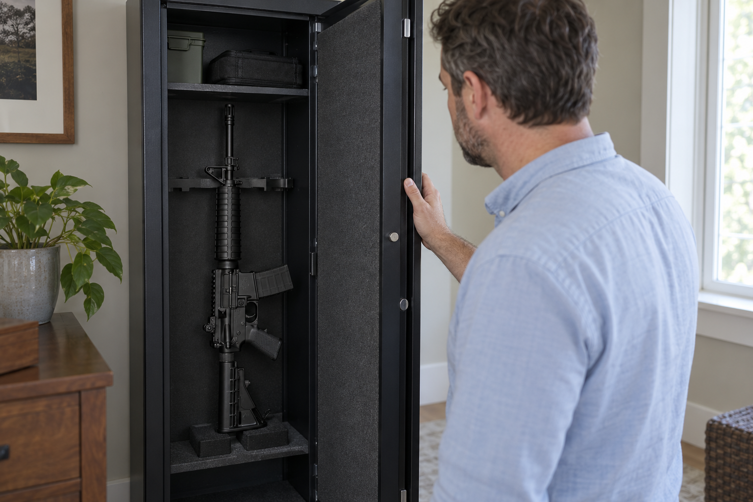 An adult stands beside an open firearm cabinet containing an upright rifle.