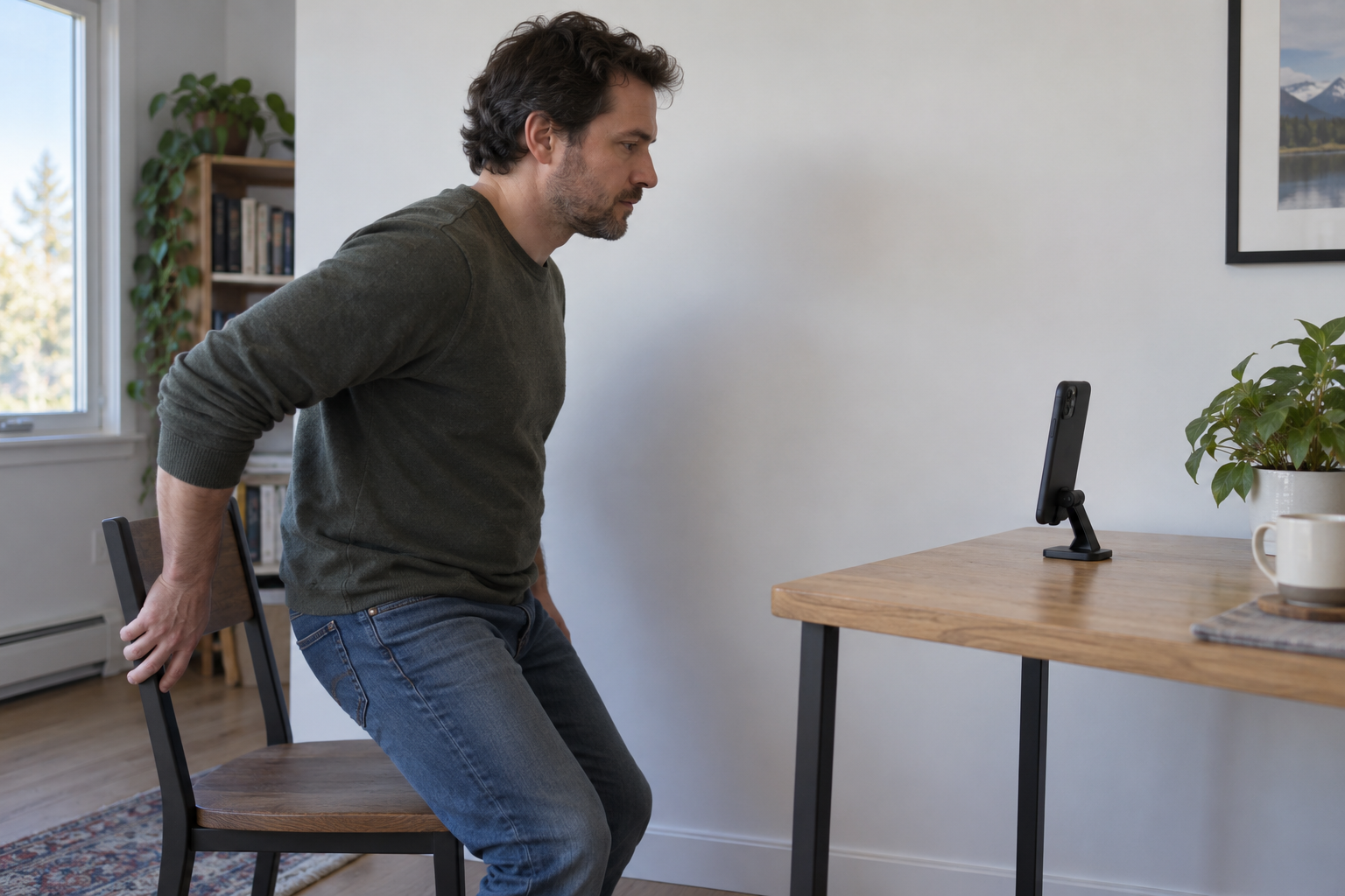An adult adjusts a chair beside a phone on a tabletop stand, preparing a portrait against a plain wall.