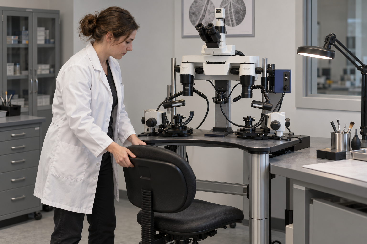 A woman in a lab coat moves a chair in front of a comparison microscope.