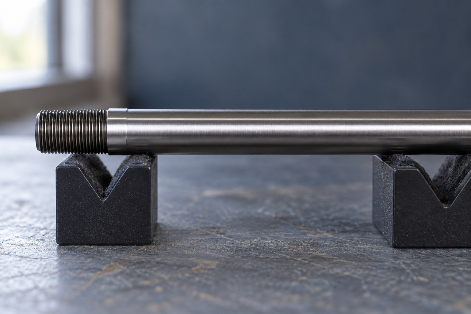 The threaded shank and shoulder of a detached rifle barrel rest above padded bench supports.