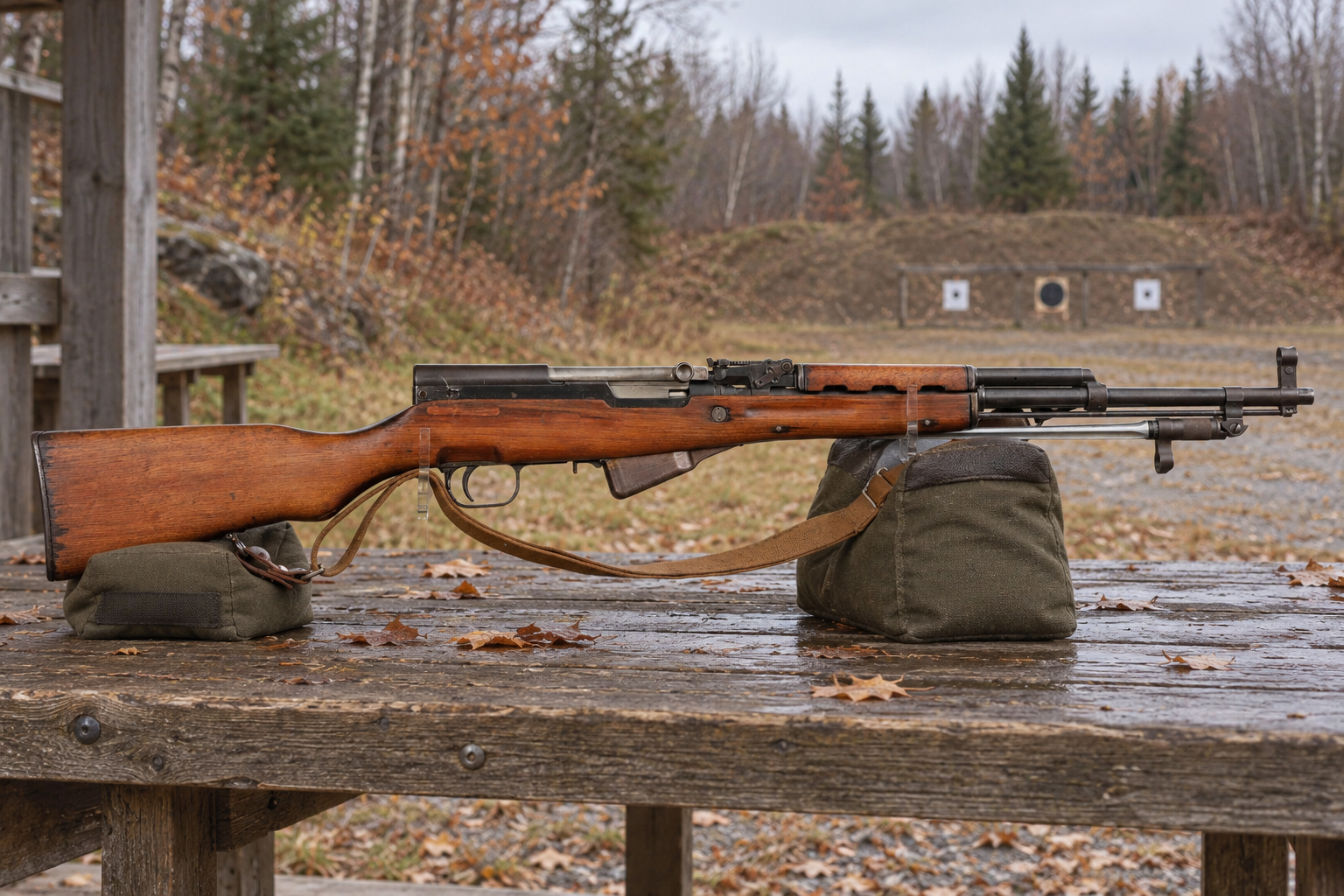 A wood-stocked SKS rifle rests on two support bags at an outdoor range.