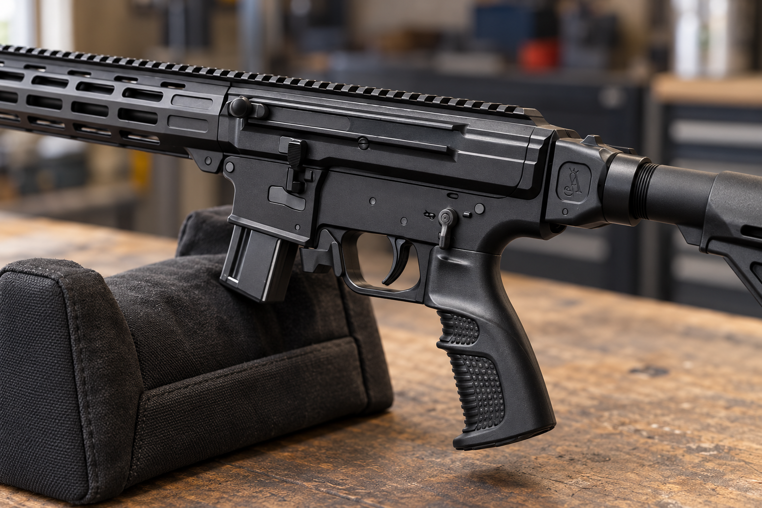 The receiver, side charging handle and magazine of a rifle rest above a padded workbench support.