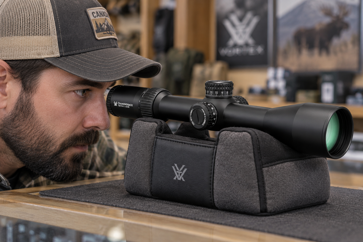 An adult looks through a Vortex Diamondback Tactical scope resting in a padded cradle on a shop counter.