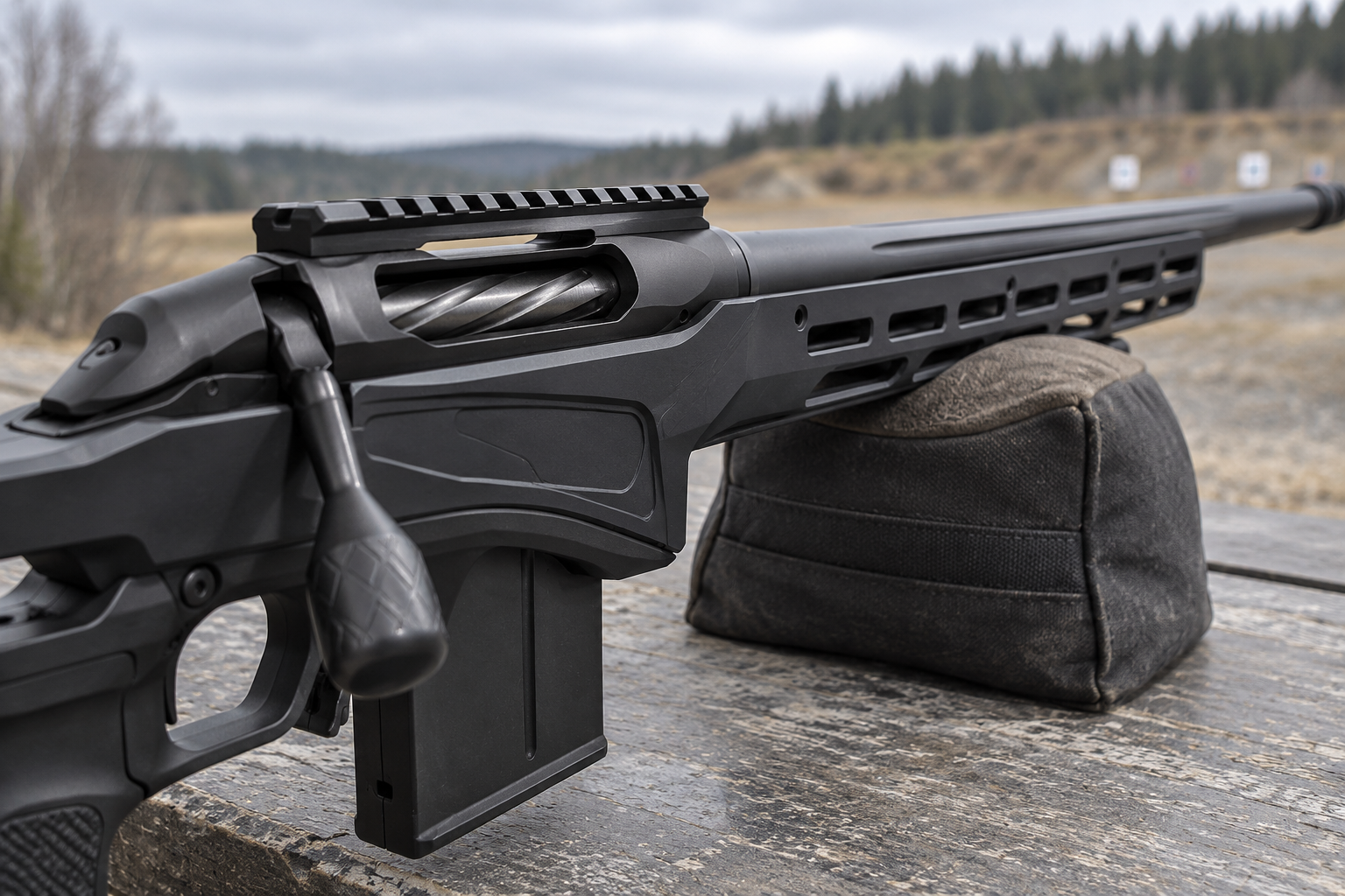 Close view of a bolt-action rifle’s receiver, fluted bolt and barrel junction on a padded bench support.