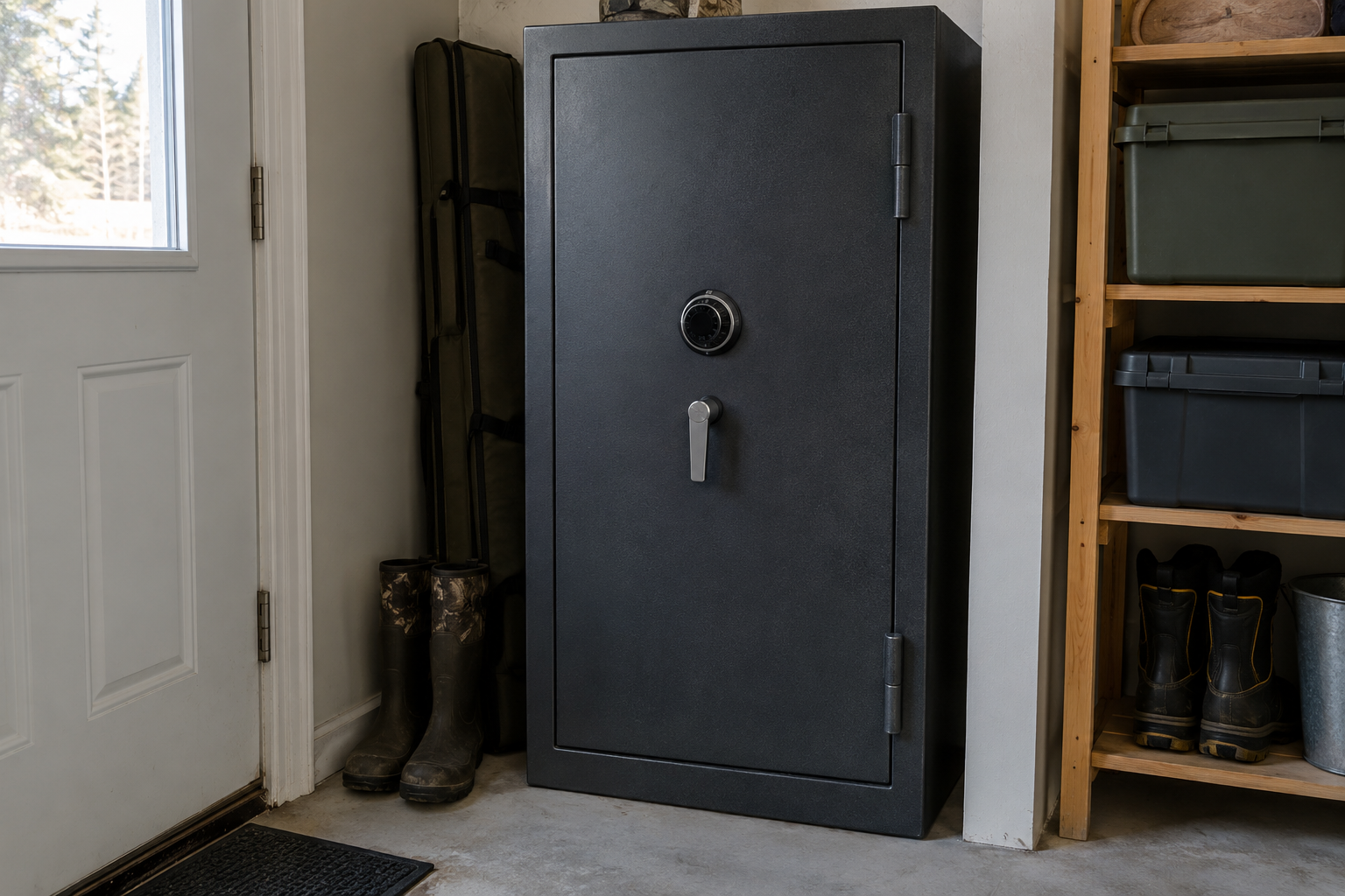 A closed firearm safe stands in a household utility alcove beside boots and storage items.