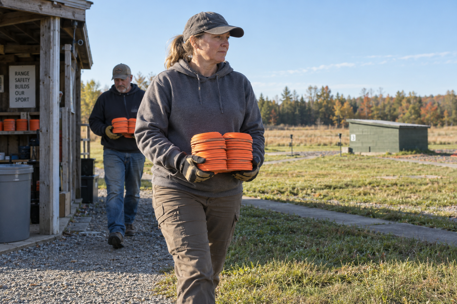 Two volunteers carry stacks of orange clay targets from a supply shelter toward an inactive trap field.
