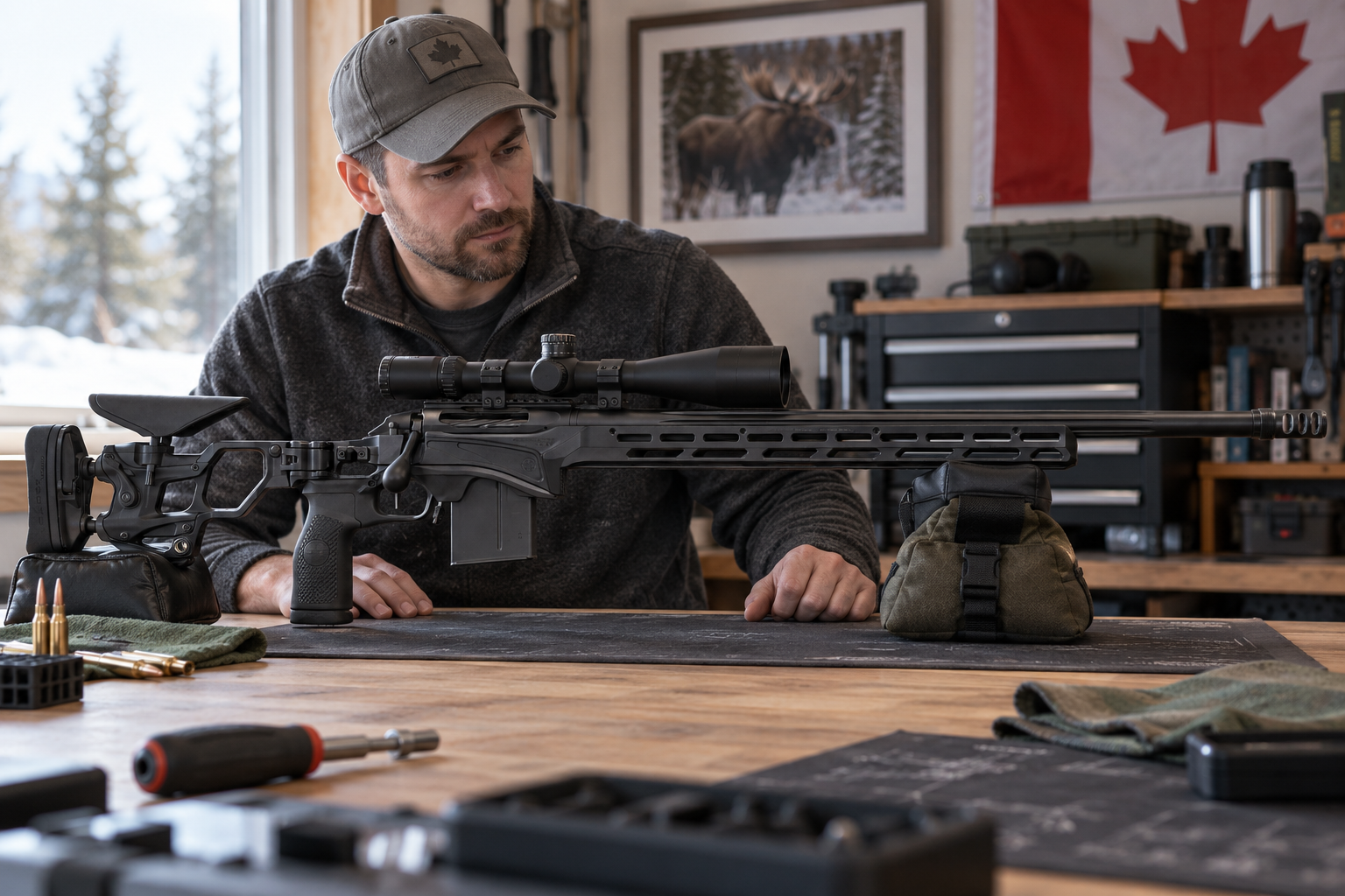 An adult examines a scoped chassis rifle resting on padded supports on a home workbench.