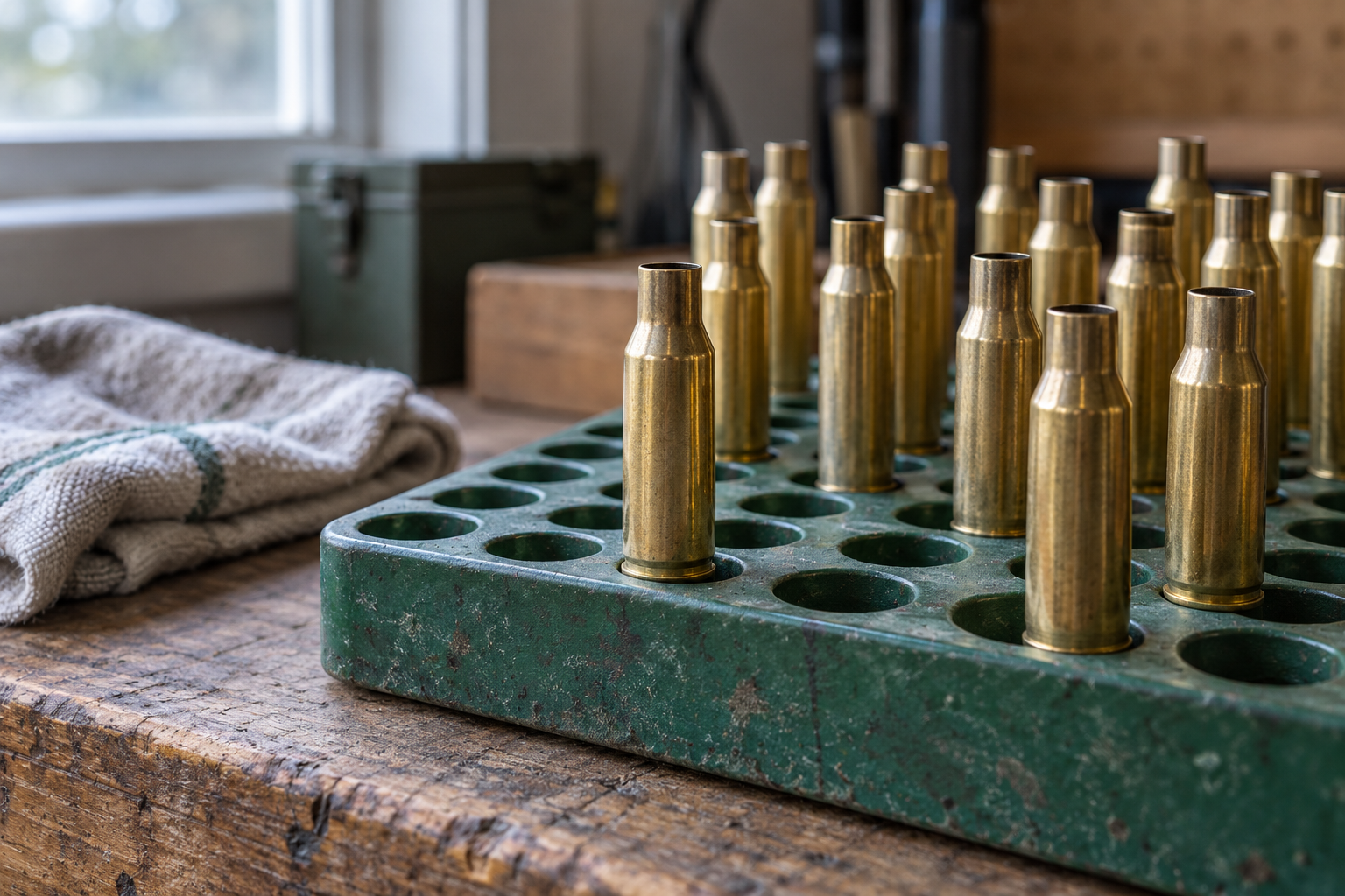 Empty bottleneck rifle cases stand in a worn green loading block beside a cloth on a wooden workbench.