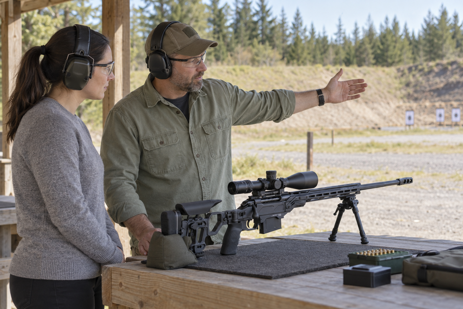 Two adults wearing eye and hearing protection talk beside a scoped rifle supported on a range bench.