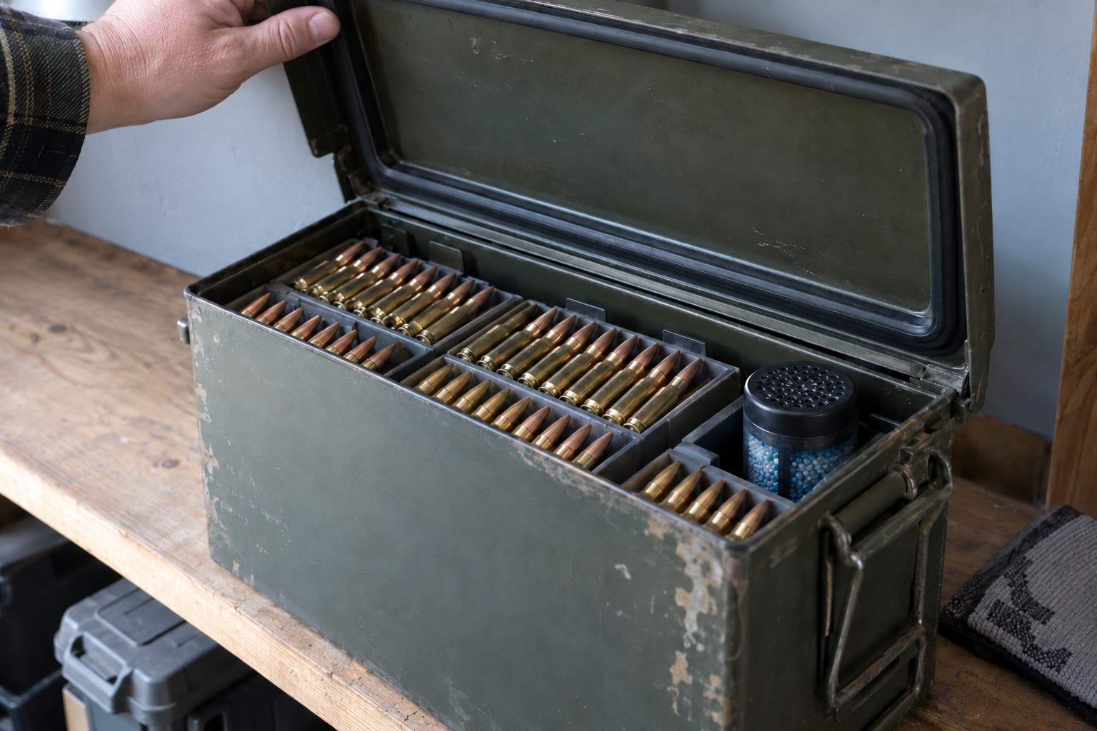 An open steel ammunition can holds cartridge trays and a desiccant canister on a wooden shelf.