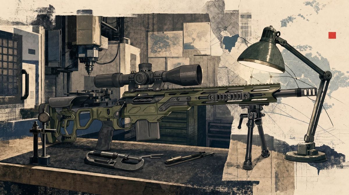 Editorial illustration of a Quebec precision-rifle machine shop, export-control map fragments, and a small Holdover red square register mark.