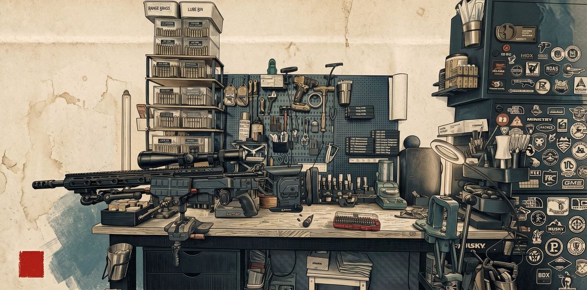 A single-stage reloading press at the corner of a worn wooden workbench, a .338 Lapua case sitting half-resized in the die, brass casings and a digital powder scale visible in the foreground.