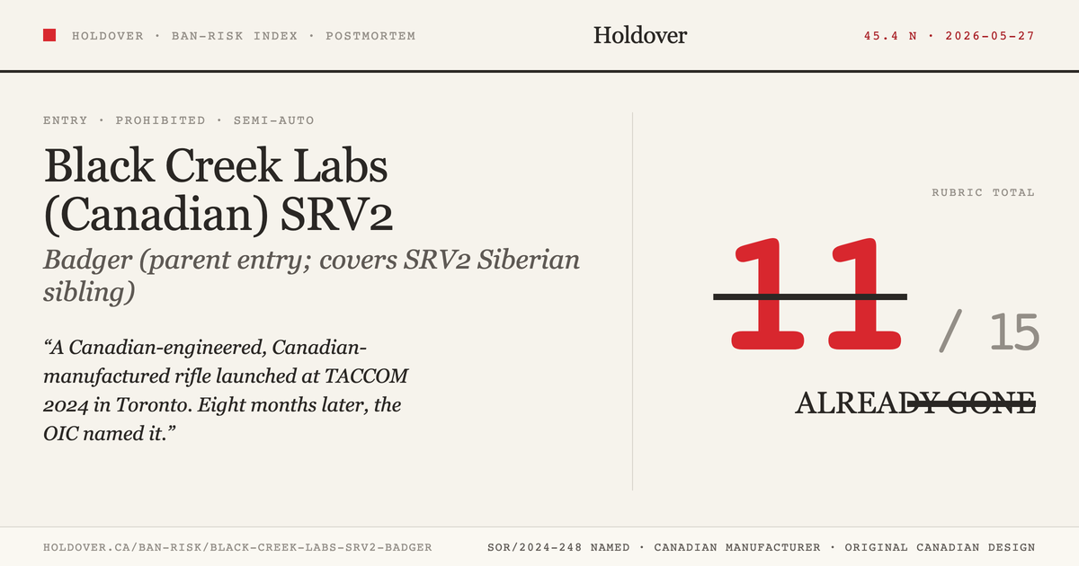 Black Creek Labs SRV2 Badger reference image for Holdover Ban-Risk verdict