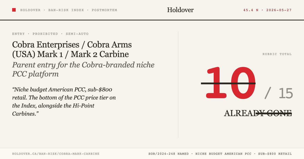 Cobra Mark 1 / Mark 2 Carbine (and standard "Cobra" platform) reference image for Holdover Ban-Risk verdict