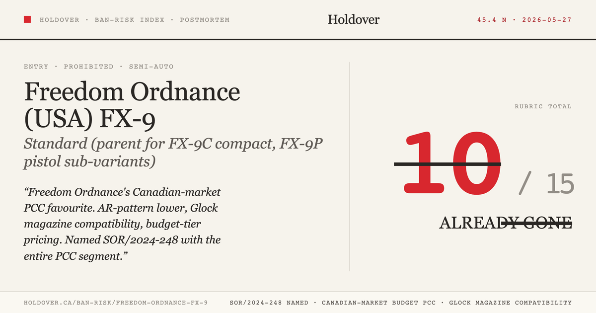 Freedom Ordnance FX-9 reference image for Holdover Ban-Risk verdict