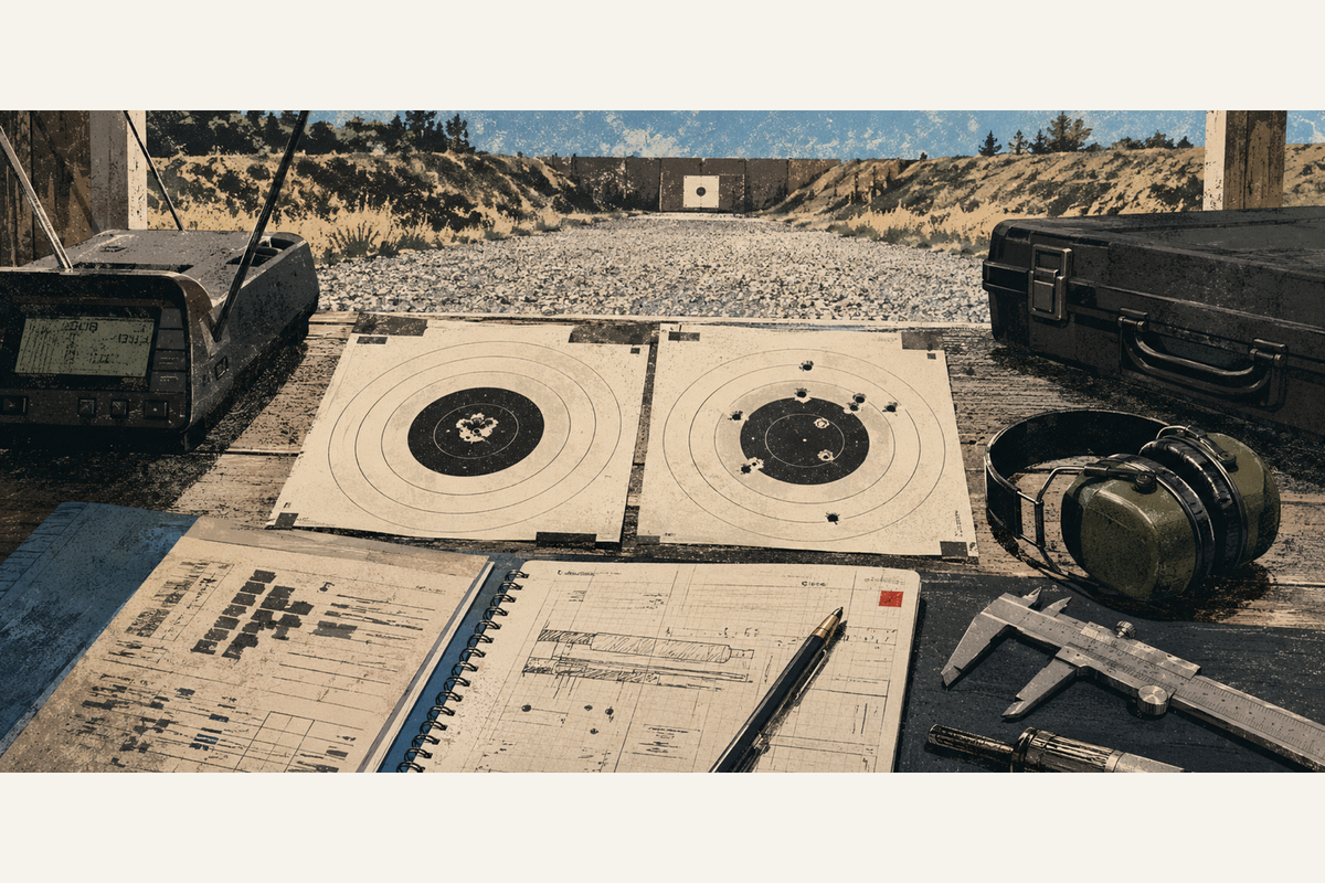 Editorial illustration of a Canadian rifle range bench with target cards, a chronograph, handloading notes, and a small Holdover red square.