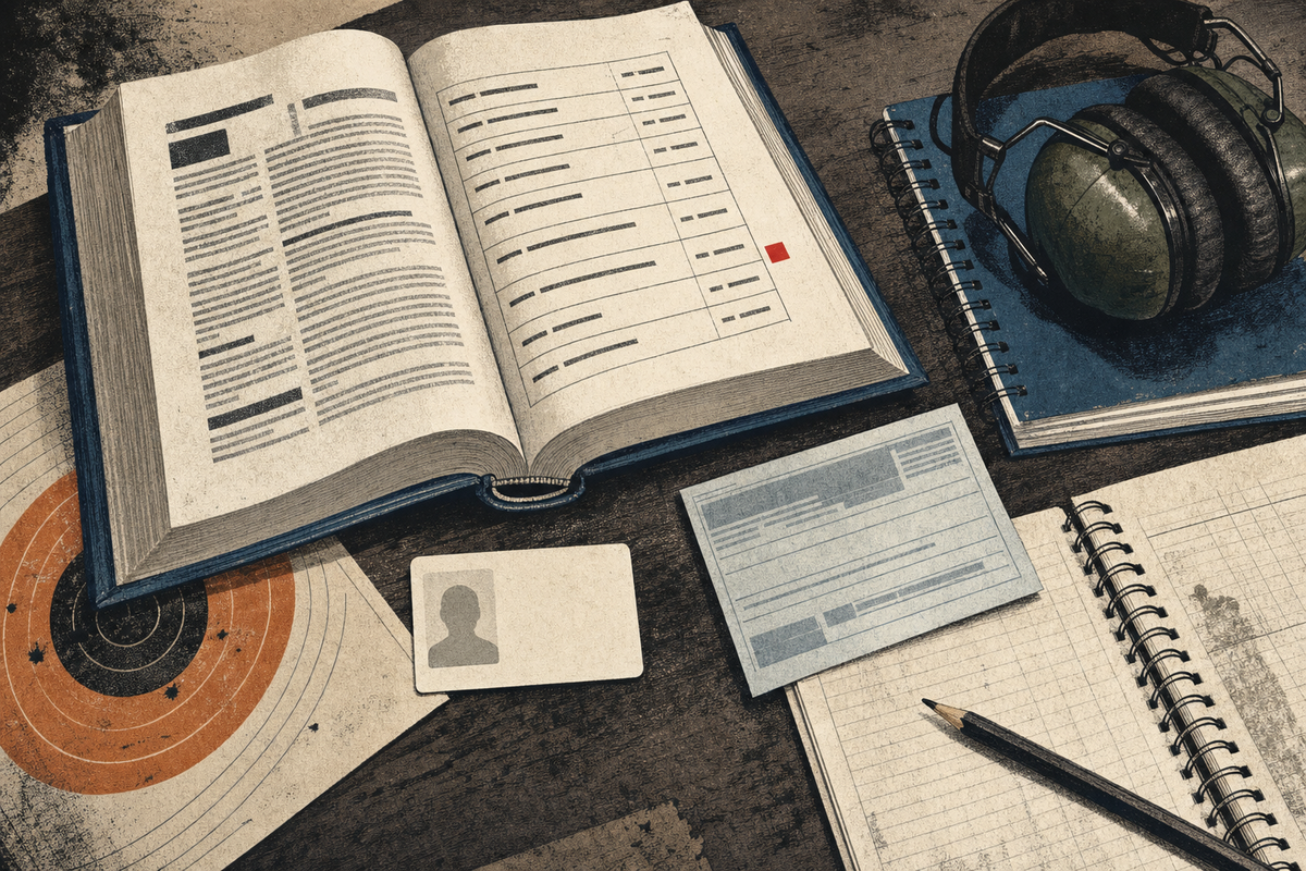 Editorial illustration of a Canadian firearms-law desk with a Criminal Code volume, PAL card silhouette, transfer reference slip, range notebook, and red square register mark.