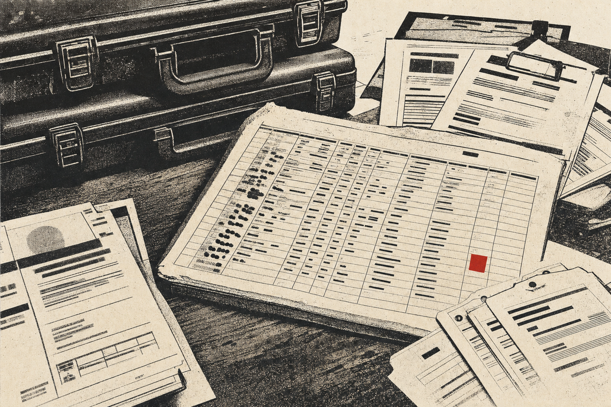 Editorial illustration of a Canadian firearms contest prize ledger, closed cases, PAL paperwork, business donor forms, and a red square register mark.