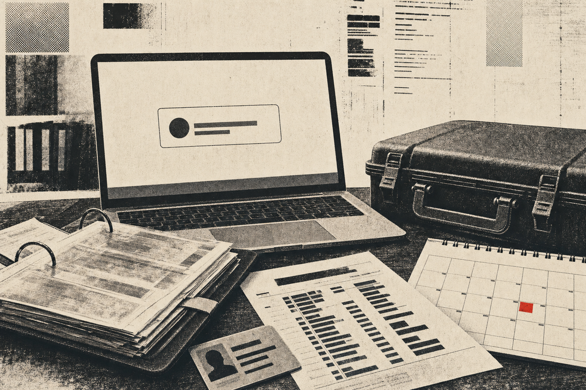 Editorial illustration of a federal compensation portal, receipt binder, closed case, calendar, and red square register mark.