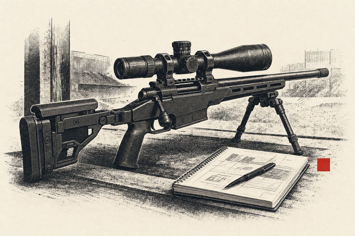 Editorial illustration of a compact black Cadex-style .308 precision rifle with folded stock, Vortex-style optic, bipod, and range notebook on warm cream paper.