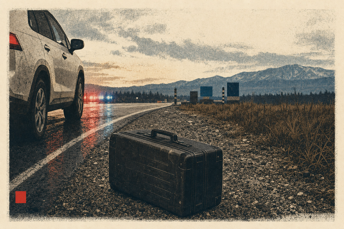 Editorial illustration of a highway shoulder near the border, a heavy suitcase, and a distant Canadian range line.