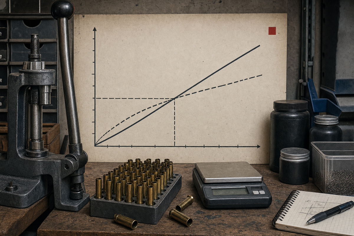 Editorial image of a reloading bench cost calculation with a press, scale, brass, component containers, and a break-even chart.