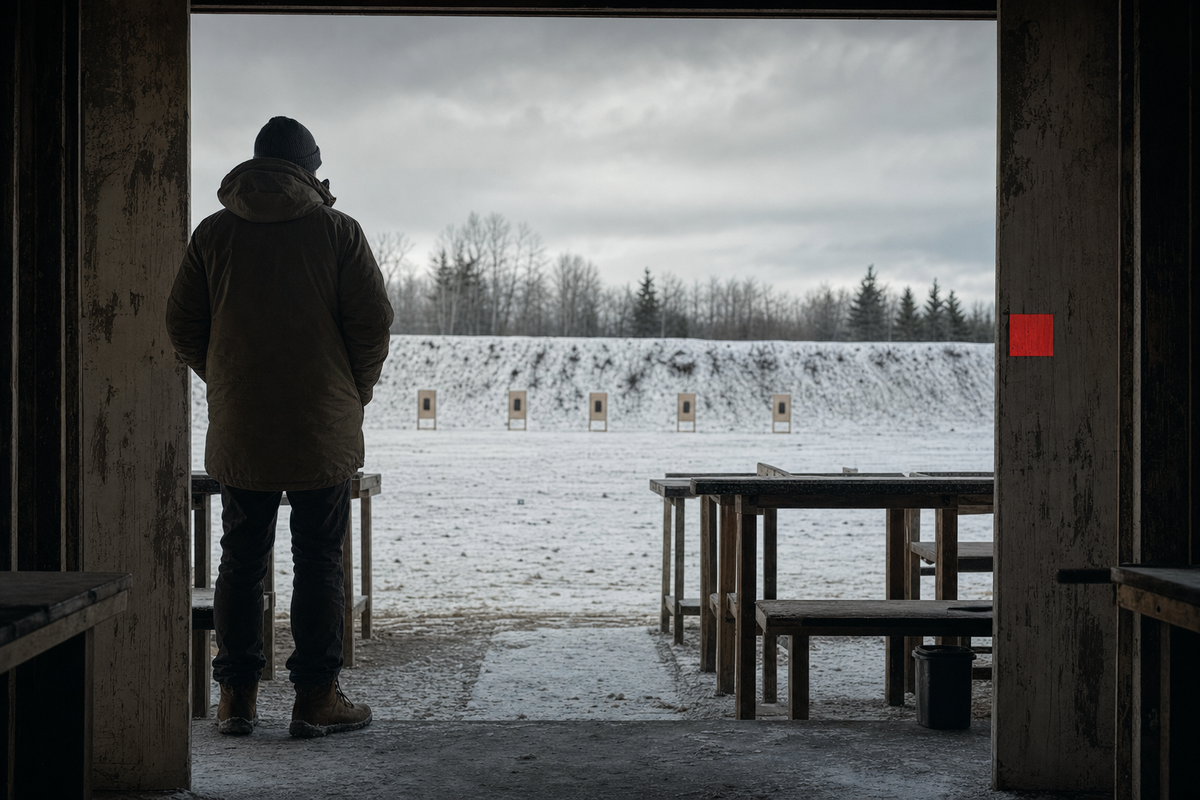 A new PAL holder at a cold Canadian range threshold, with empty benches, distant target backers, and a single Holdover red square.