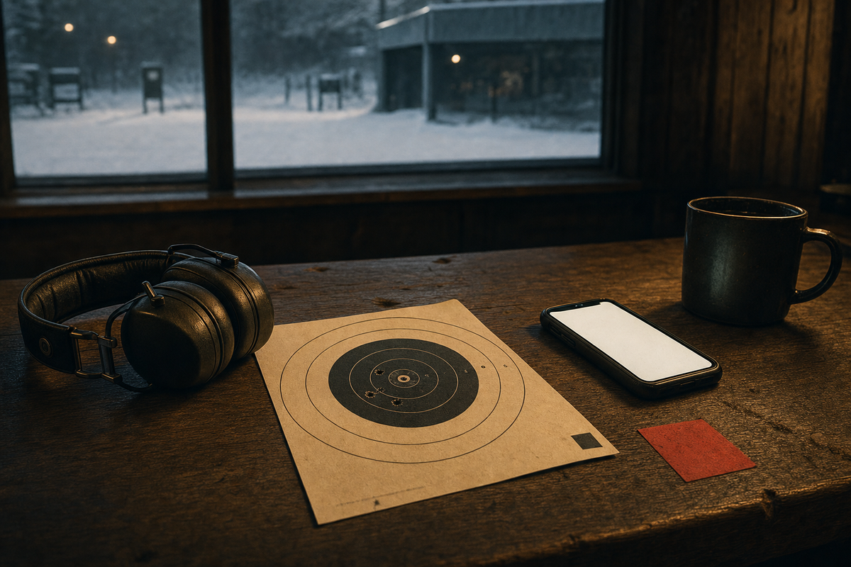 Editorial image of a Canadian range clubhouse table with a phone glow, target card, hearing protection, and Holdover red square.