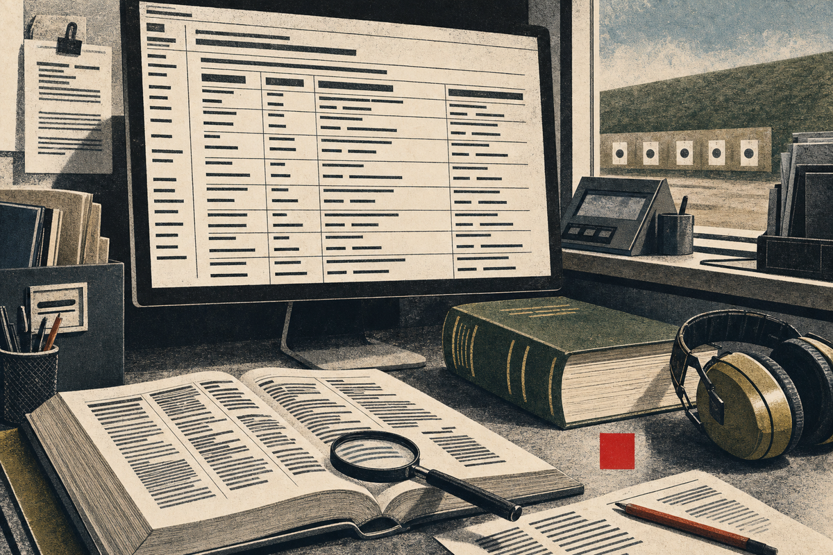 Editorial illustration of a large Firearms Reference Table PDF, Canadian legal books, a range counter, and a red square register mark.