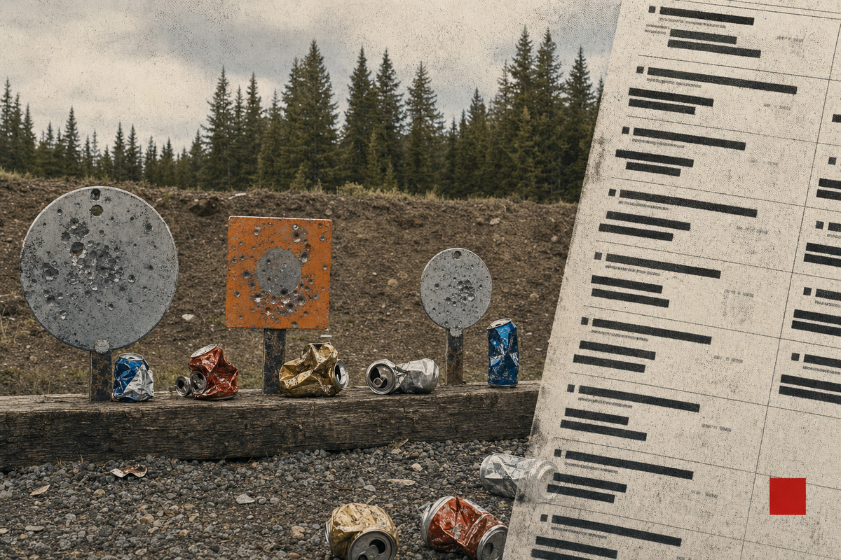 Editorial illustration of a Canadian range backstop with dented pop cans, steel target plates, an abstract ban-list overlay, and a small Holdover red square.