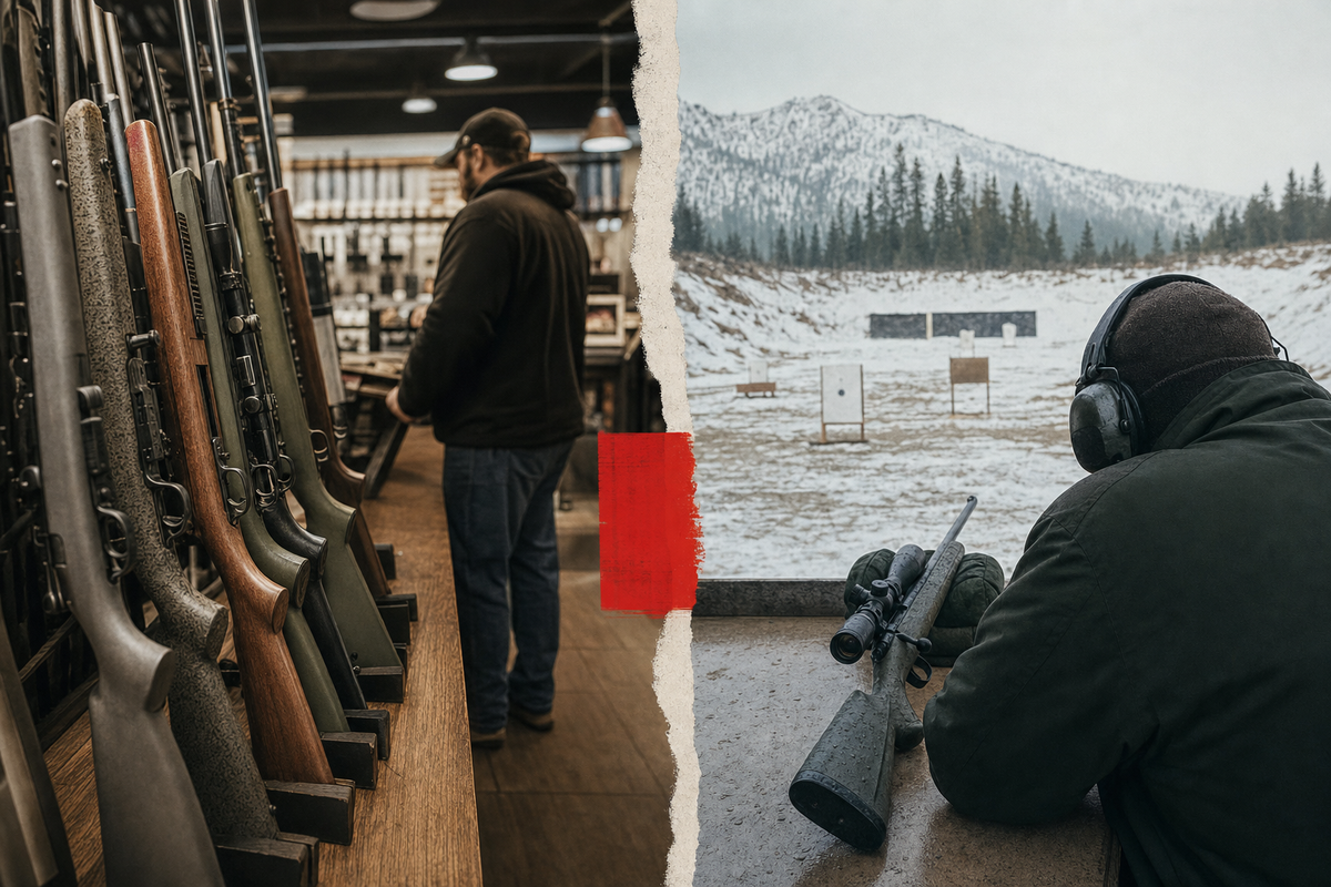 A Canadian retailer sales floor and range-world split scene showing non-restricted rifle demand under policy pressure.