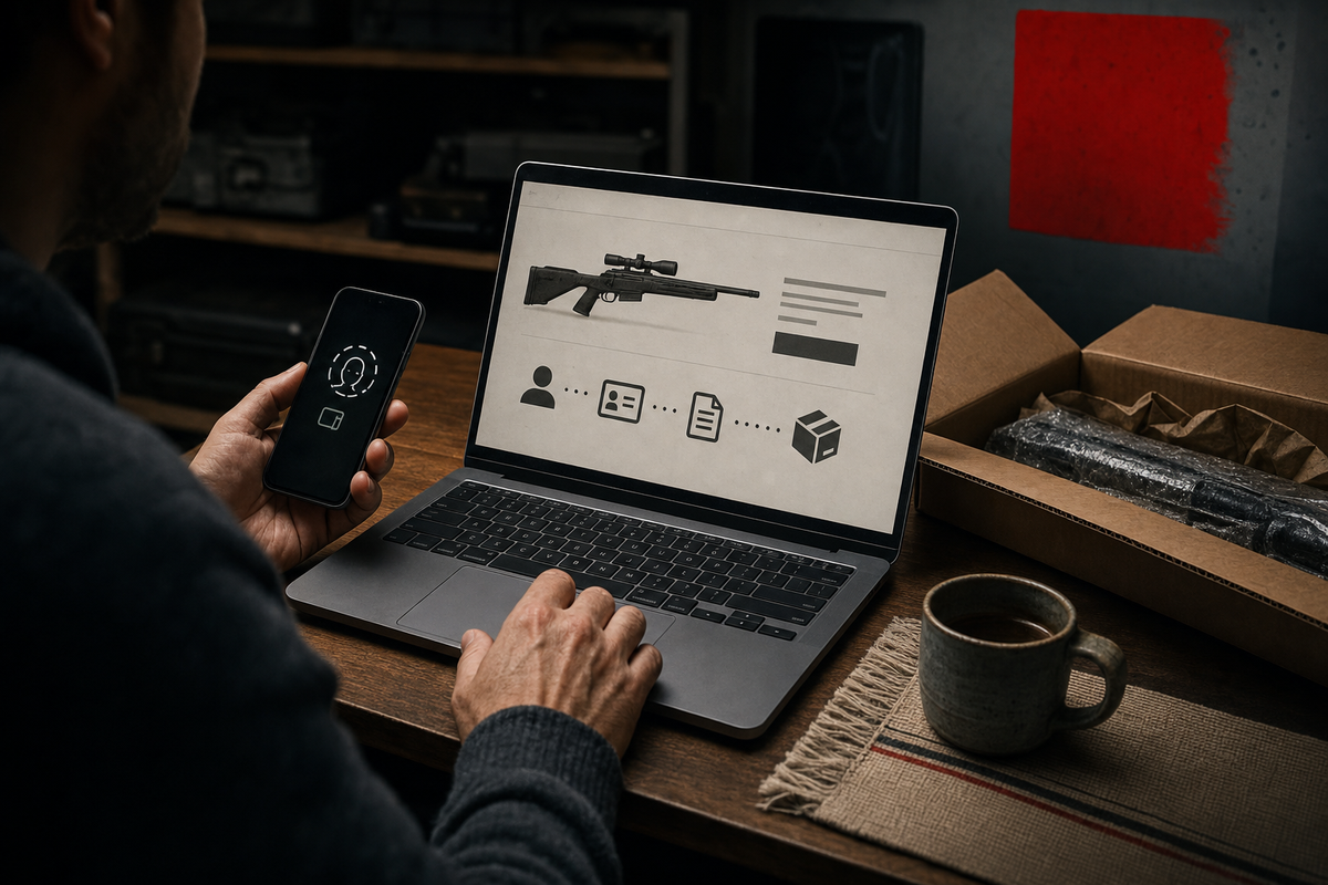A Canadian online firearm checkout scene showing identity verification before shipping.