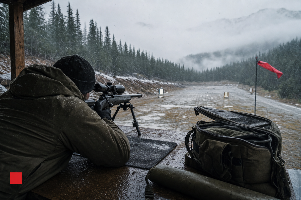 A cold Canadian range lane with a shooter testing gear in rough weather.