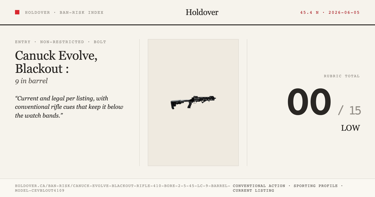 Canuck Evolve, Blackout Rifle: 410 Bore-2.5" / 45 Lc, 9" Barrel, Model Cevblout4109 reference image for Holdover Ban...