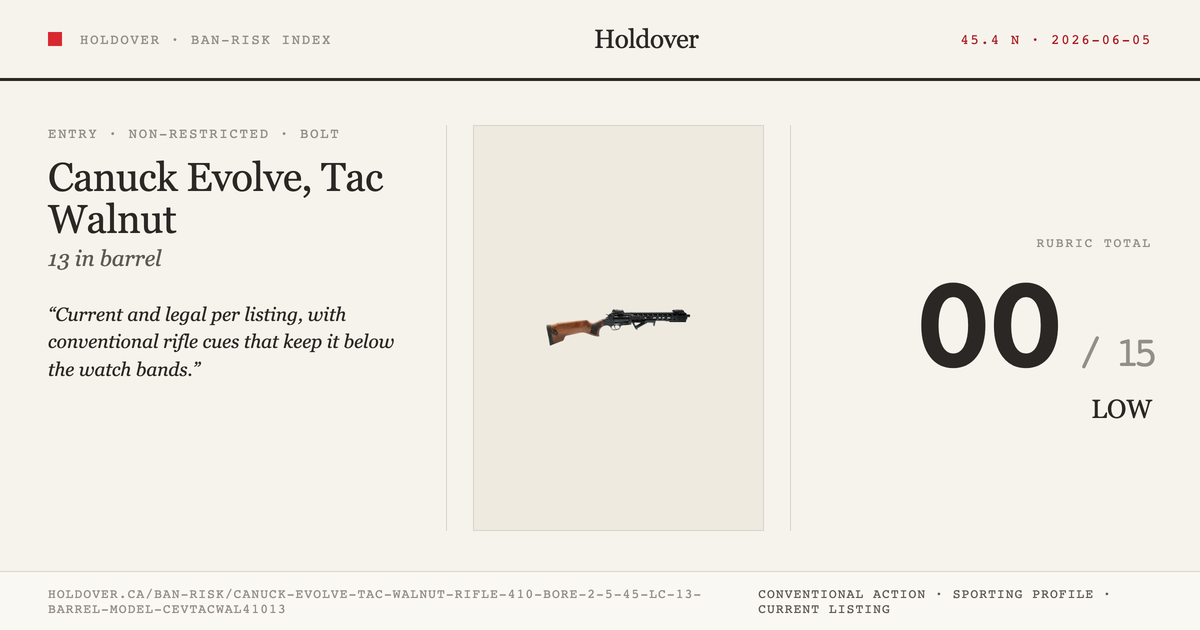 Canuck Evolve, Tac Walnut Rifle: 410 Bore-2.5" / 45 Lc, 13" Barrel, Model Cevtacwal41013 reference image for Holdover Ban...