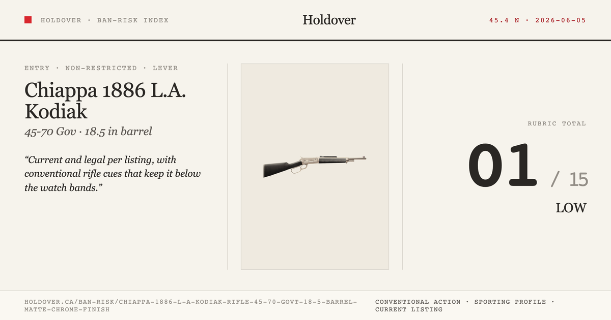 Chiappa 1886 L.A. Kodiak Rifle, .45-70 Govt., 18.5" Barrel, Matte Chrome Finish reference image for Holdover Ban-Risk verdict