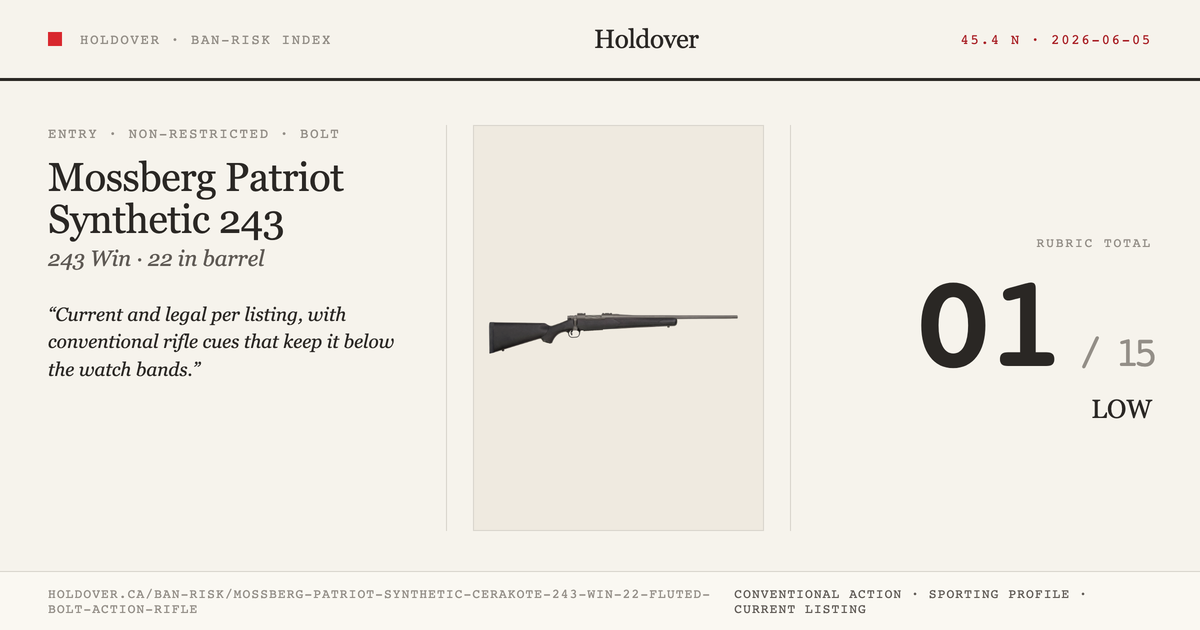 Mossberg Patriot Synthetic Cerakote 243 WIN 22″ Fluted Bolt Action Rifle reference image for Holdover Ban-Risk verdict