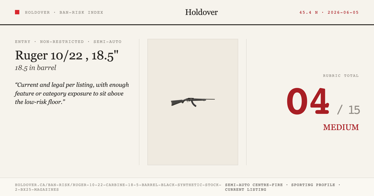 Ruger 10/22 Carbine, 18.5" Barrel, Black Synthetic Stock, 2 Bx25 Magazines reference image for Holdover Ban-Risk verdict