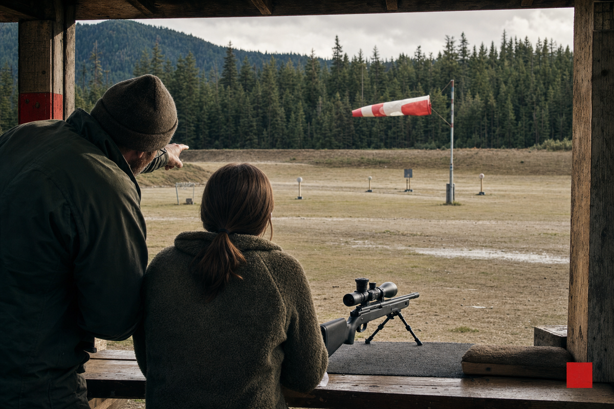 A Canadian range wind flag pulling sideways while a new shooter observes downrange.