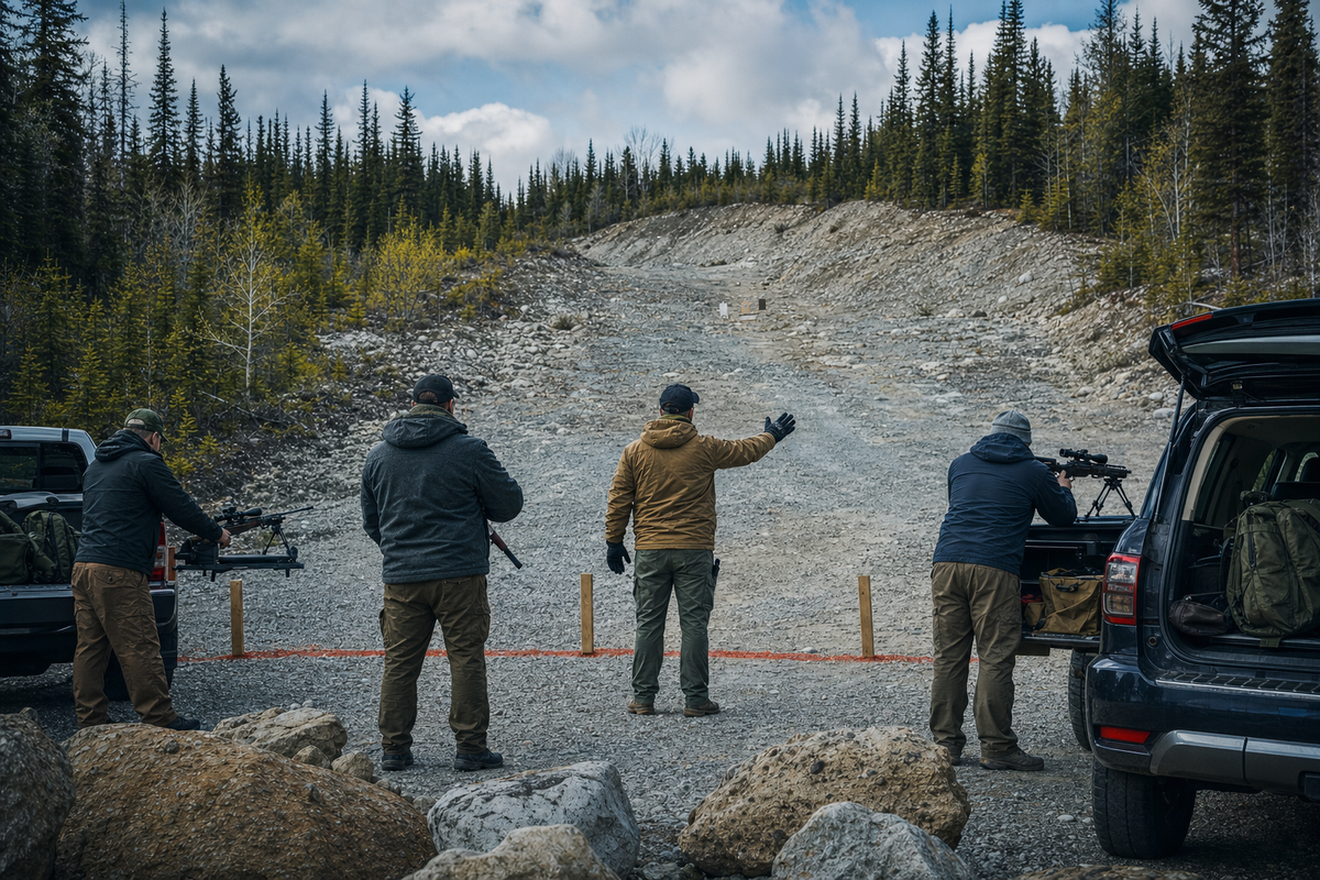 A disciplined informal firing line at a Canadian Crown-land shooting spot.
