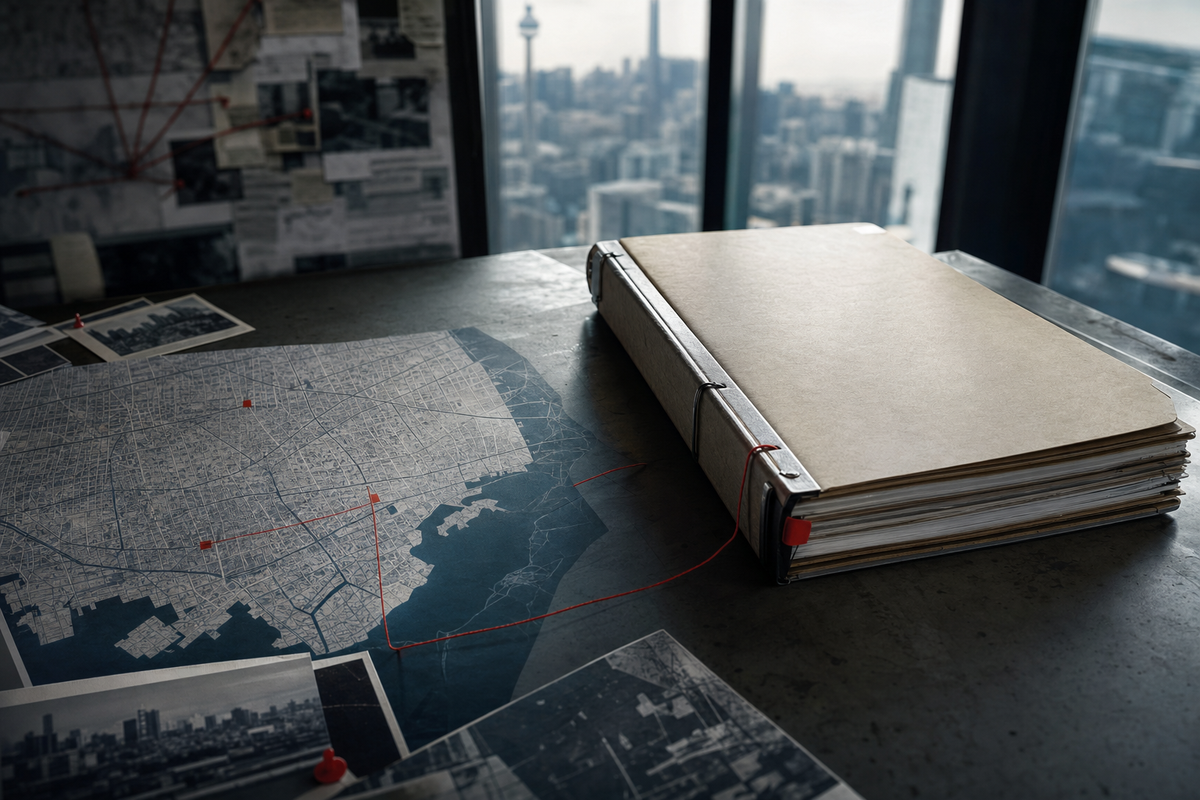 A restrained editorial image of a hard warrant file beside a muted city map.