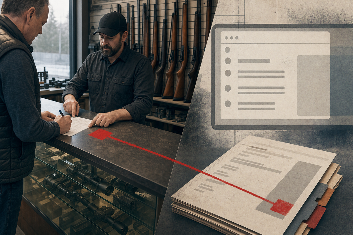 A restrained editorial image contrasting a lawful firearms counter with an abstract consultation file.