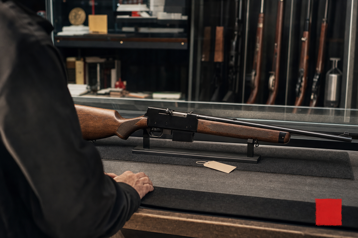 A Canadian retailer counter and a sporting semi-auto rifle detail framed as a preorder decision.