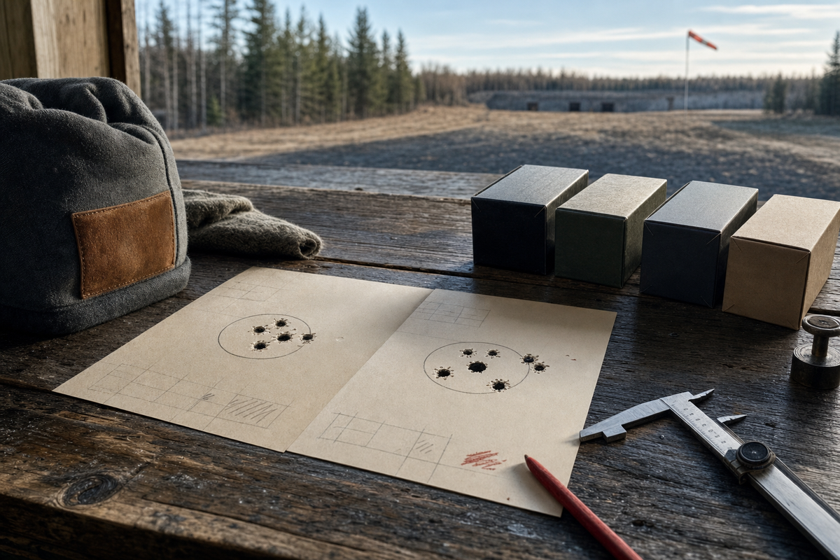 A Canadian rimfire range bench arranged around .22 LR lot testing and target evidence.