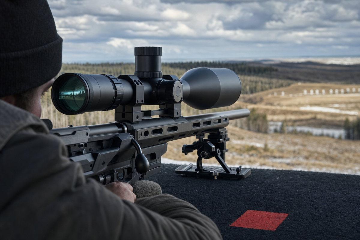 A high-magnification competition scope shown as a job-specific F-Class tool under Canadian range light.