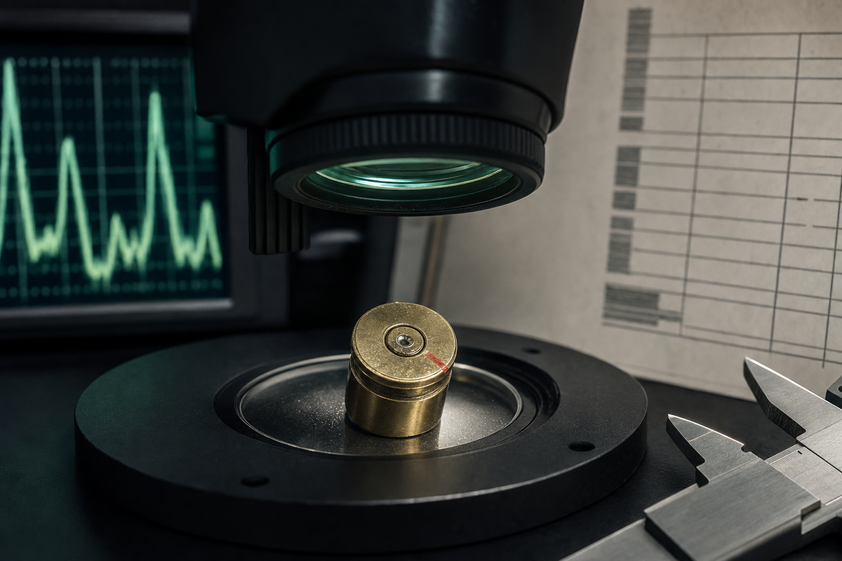 A spent magnum-rifle case head under diagnostic bench light beside abstract chronograph and load-data evidence.