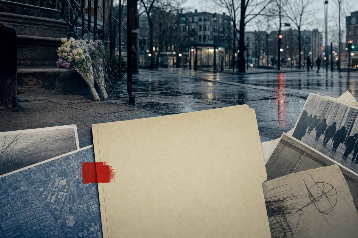 A restrained Montreal policy file scene contrasting grief, evidence, and the SKS question.